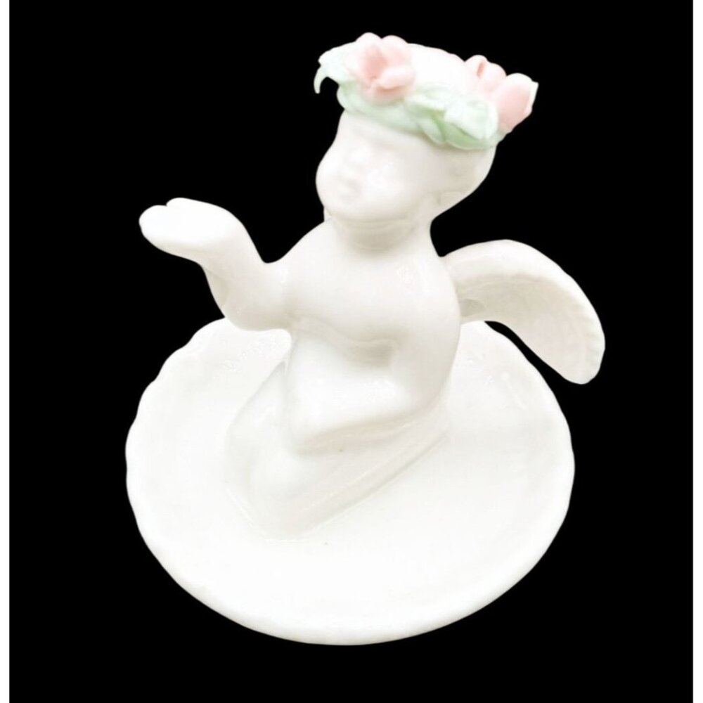 Angel Trinket Dish Porcelain Vintage Jewelry Cherub Flower Crown 1980s Decor